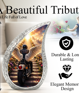 Motorcycle Angel Wings Urn for Dad Ashes | Motorcycle Cremation Urn for Men, Adult Male Memorial Urn for Father,