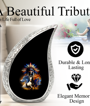 Native American Urns for Dad – Personalized Cremation Urn for Adult Male with Wolf & Horse Spirit Art