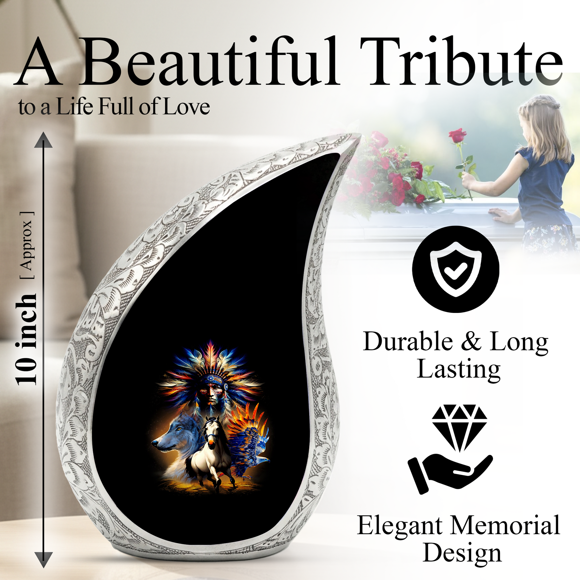 Native American Urns for Dad – Personalized Cremation Urn for Adult Male with Wolf & Horse Spirit Art