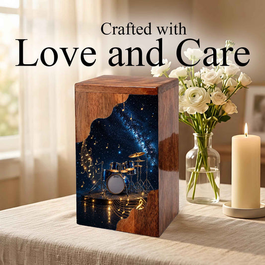 Music Memorial Wooden Cremation Urn – Drum Set Memorial Urn