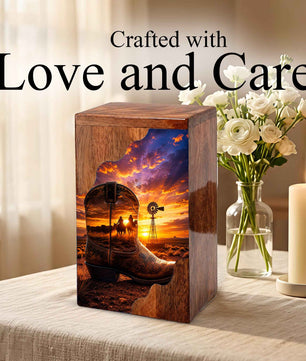 Cowboy Boot Wooden Cremation Urn – Wooden Urn for Human Ashes