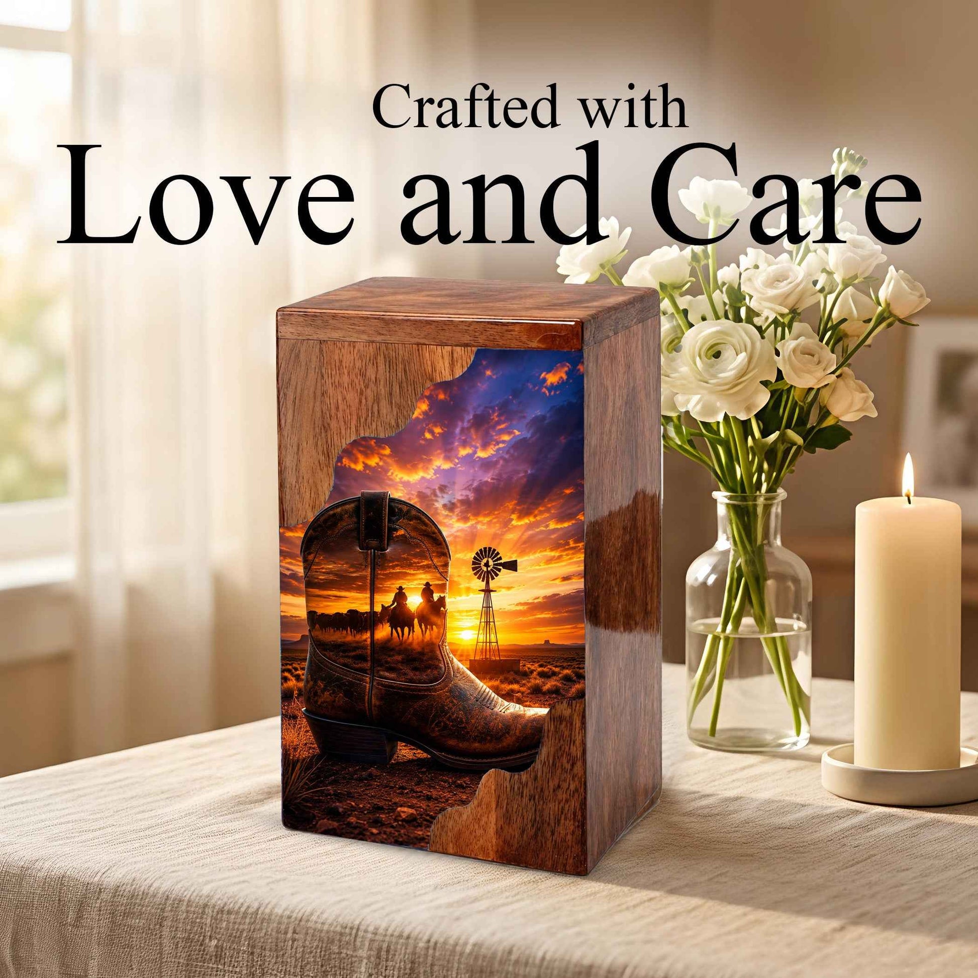 Cowboy Boot Wooden Cremation Urn – Wooden Urn for Human Ashes