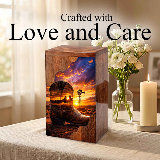 Cowboy Boot Wooden Cremation Urn – Wooden Urn for Human Ashes