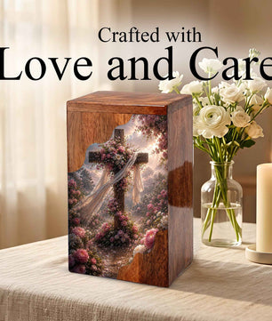 Christian Cross Wooden Cremation Urn | Floral Cross Urn for Human Ashes