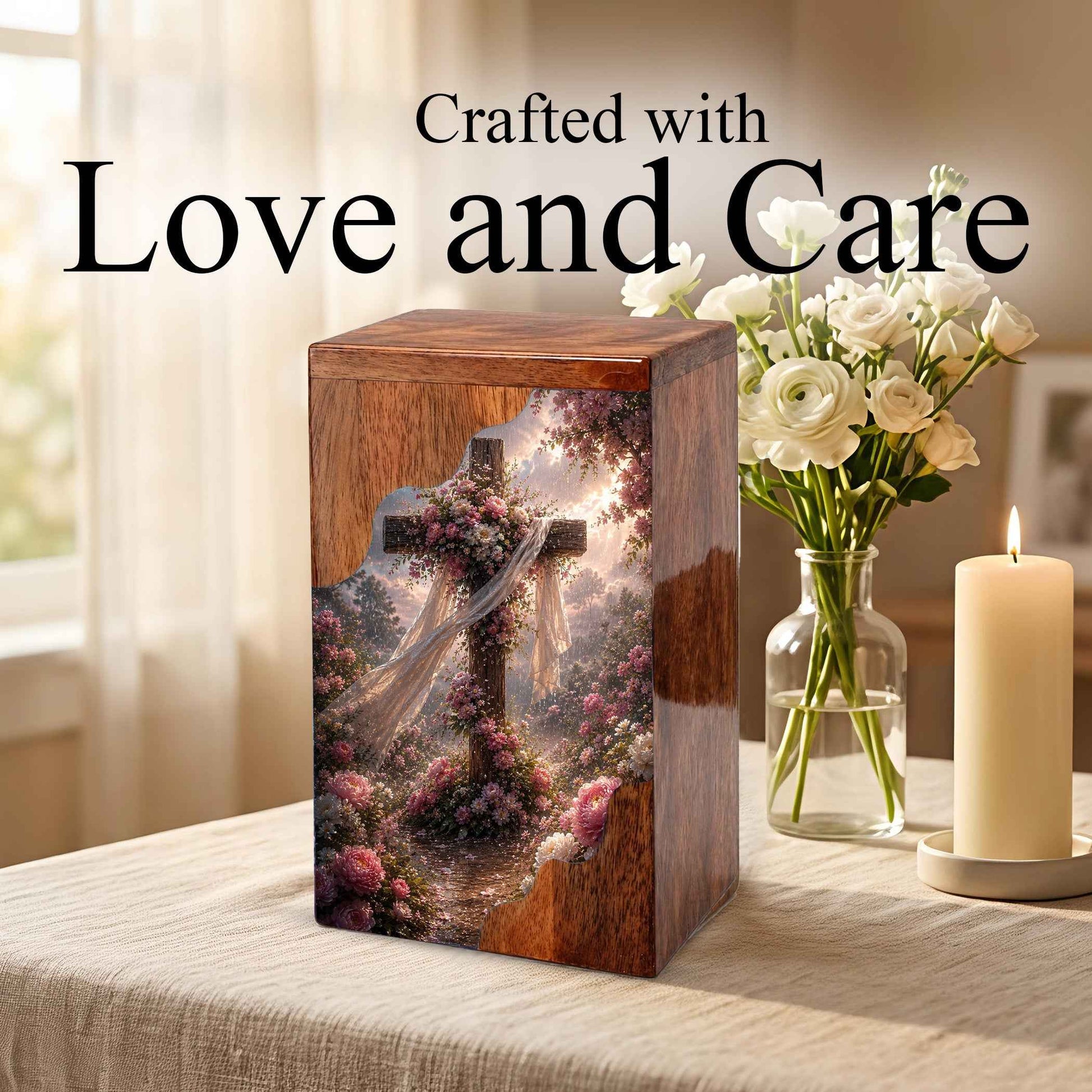 Christian Cross Wooden Cremation Urn | Floral Cross Urn for Human Ashes