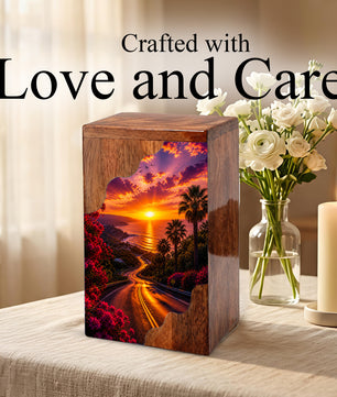 Wooden Cremation Urn for Mom | Sunset Ocean Memorial Urn for Human Ashes