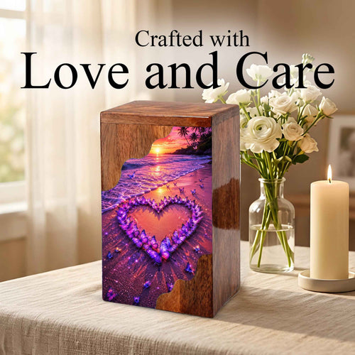 Butterfly Heart Beach Wooden Cremation Urn – Personalized Memorial Urn for Human Ashes