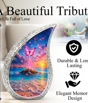 Butterfly Ocean Sunset Urn for Human Ashes | Pink Butterfly Beach Cremation Urn for Mom,