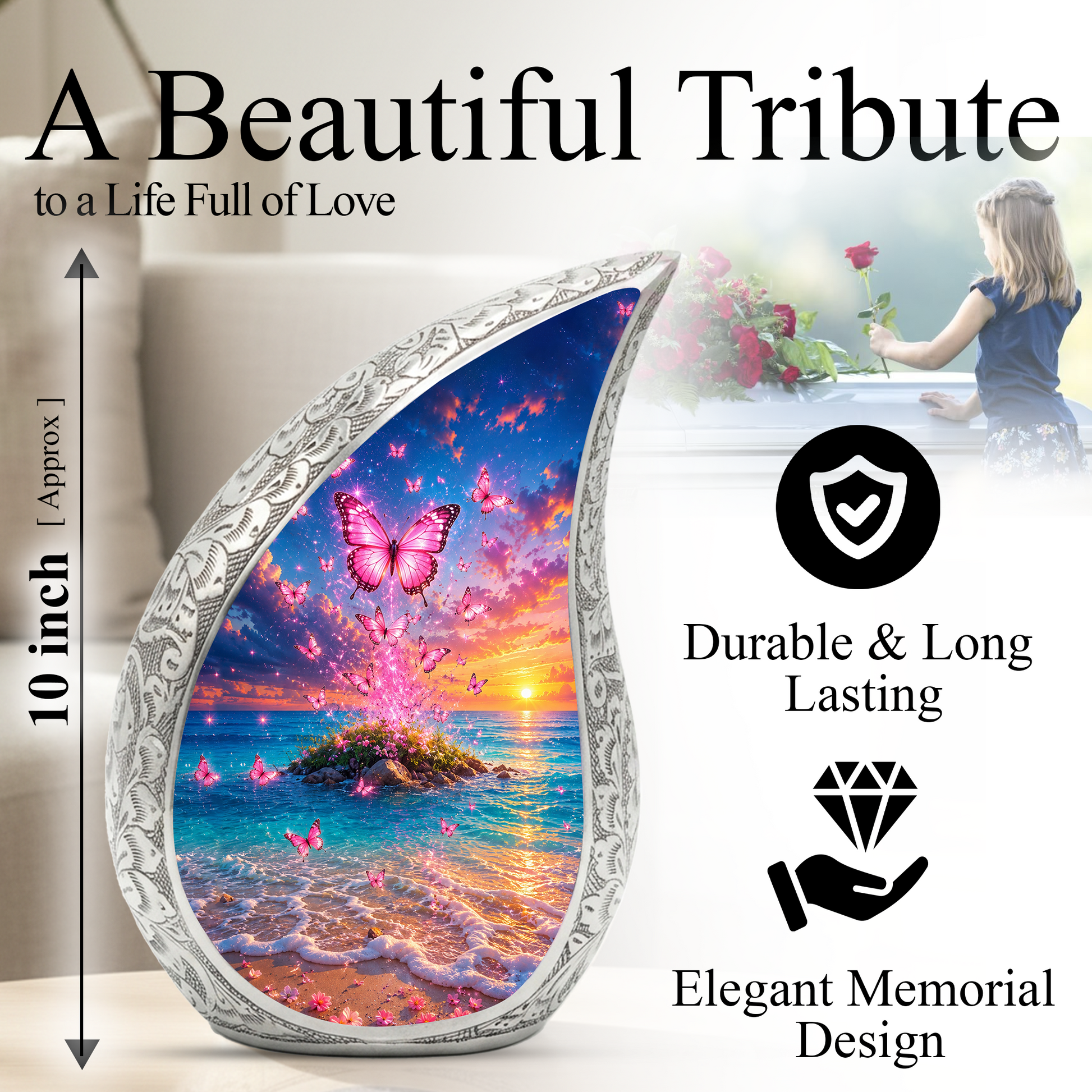 Butterfly Ocean Sunset Urn for Human Ashes | Pink Butterfly Beach Cremation Urn for Mom,