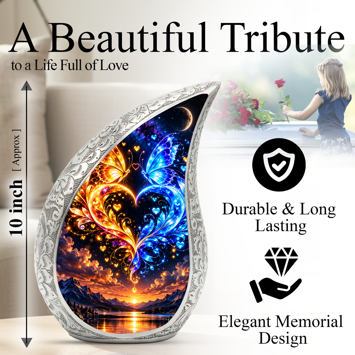 Butterfly Adult Urn for Ashes, Blue and Gold Butterfly Cremation Urn for Human Ashes