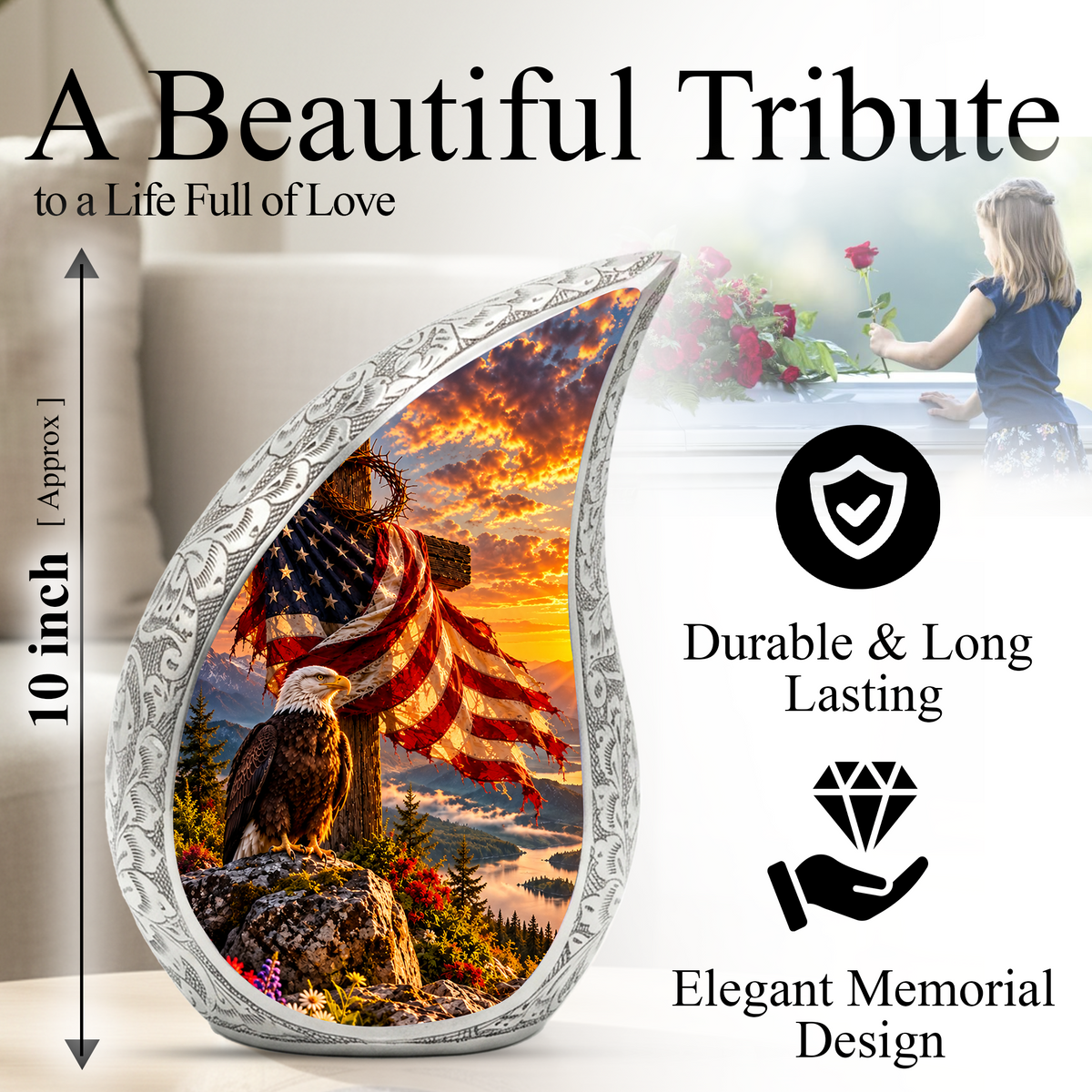 Christian Cremation Urn for Adult Ashes, Jesus Cross and American Flag Memorial Urn