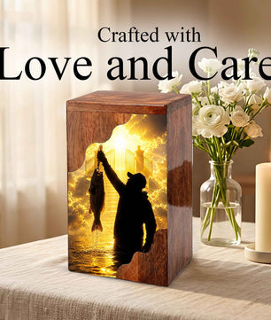 Fishing in Heaven Wooden Cremation Urn – Gone Fishing Memorial Urn for Human Ashes