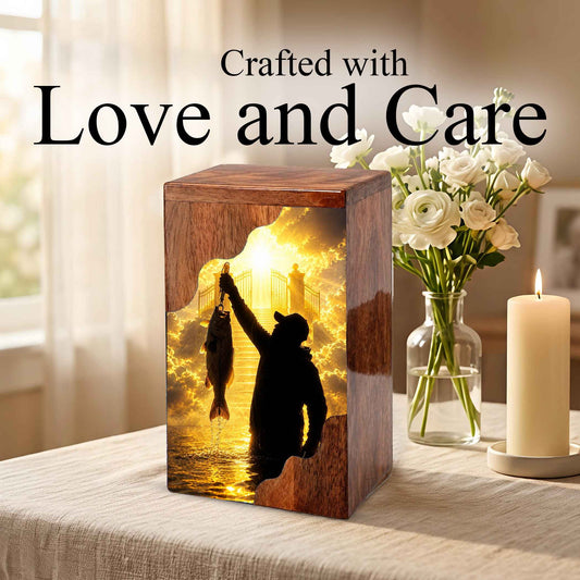 Fishing in Heaven Wooden Cremation Urn – Gone Fishing Memorial Urn for Human Ashes