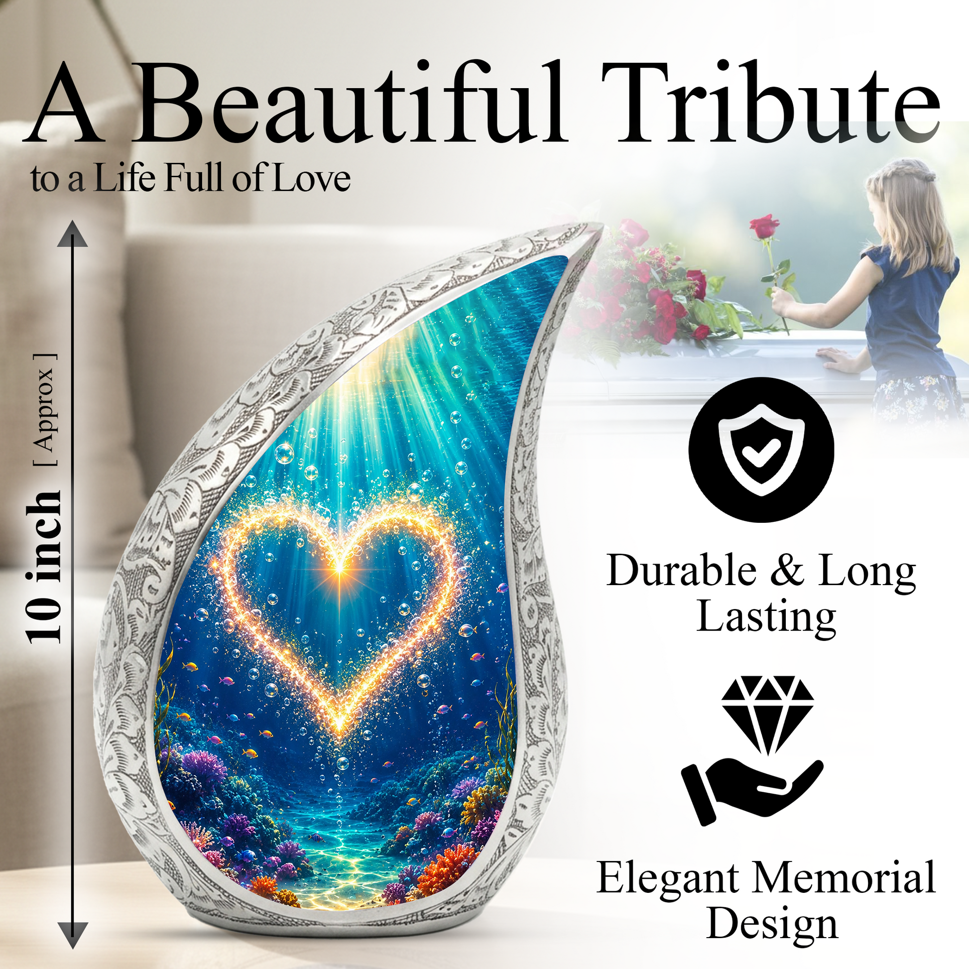 Ocean Heart Memorial Urn for Mom – Personalized Cremation Urn for Human Ashes | Underwater Heart Keepsake Urn for Women