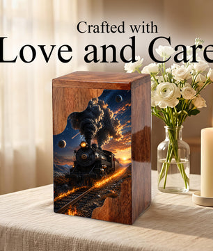 Steam Train Wooden Cremation Urn for Human Ashes | Personalized Railroad Memorial Urn
