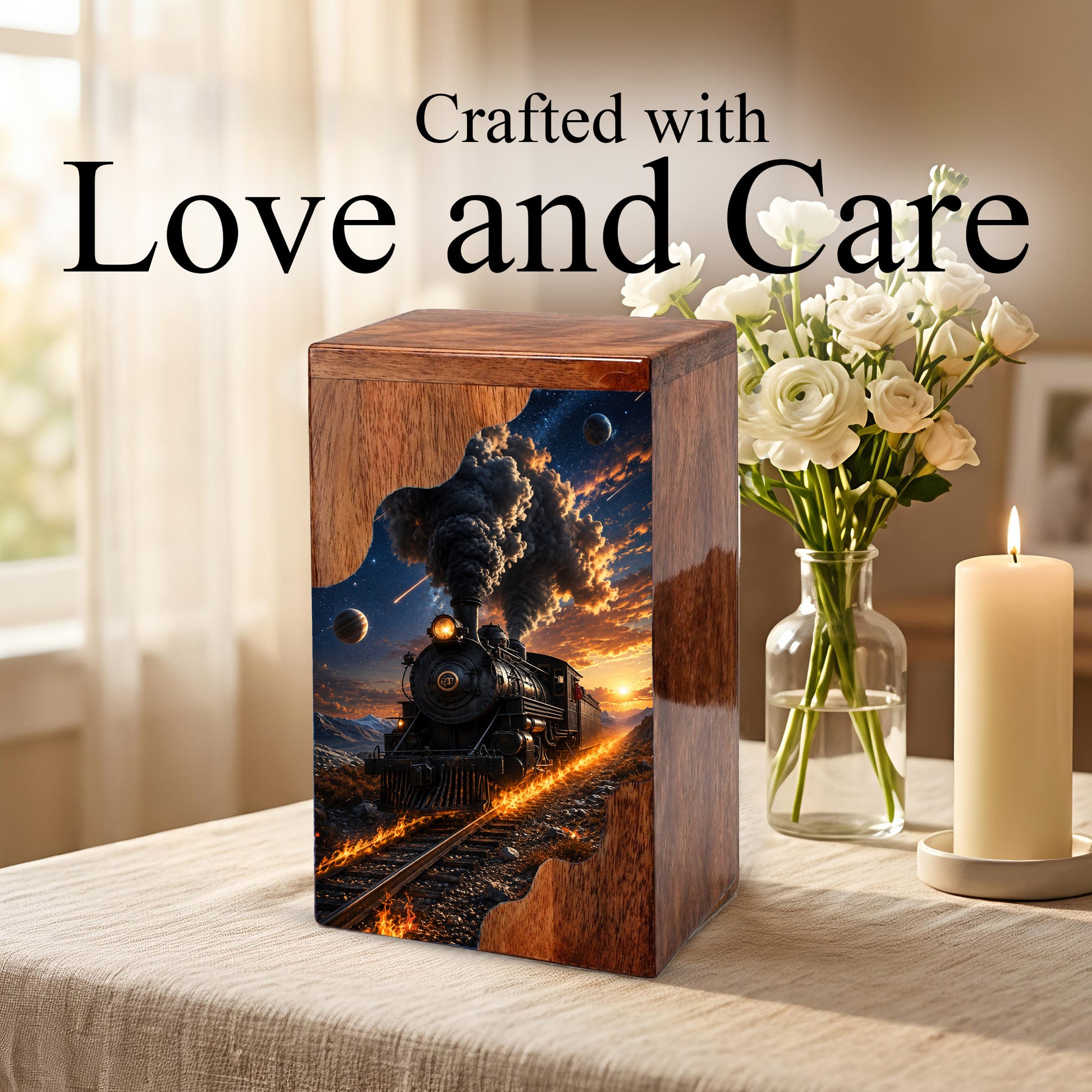Steam Train Wooden Cremation Urn for Human Ashes | Personalized Railroad Memorial Urn
