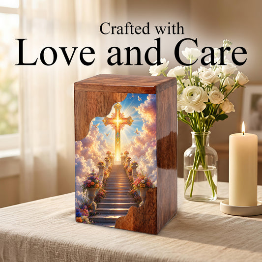 Christian Cross Wooden Cremation Urn – Wooden Urn for Human Ashes