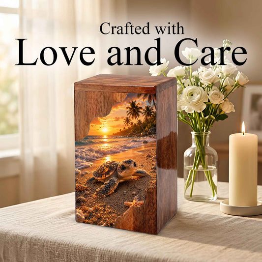 Sea Turtle Wooden Cremation Urn for Human Ashes, Beach Memorial Urn