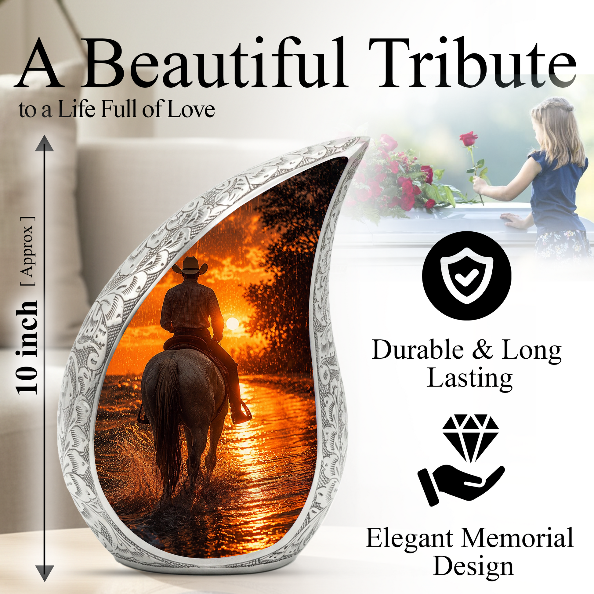Cowboy Sunset Urn for Human Ashes | Western Cremation Urn for Dad, Father & Men