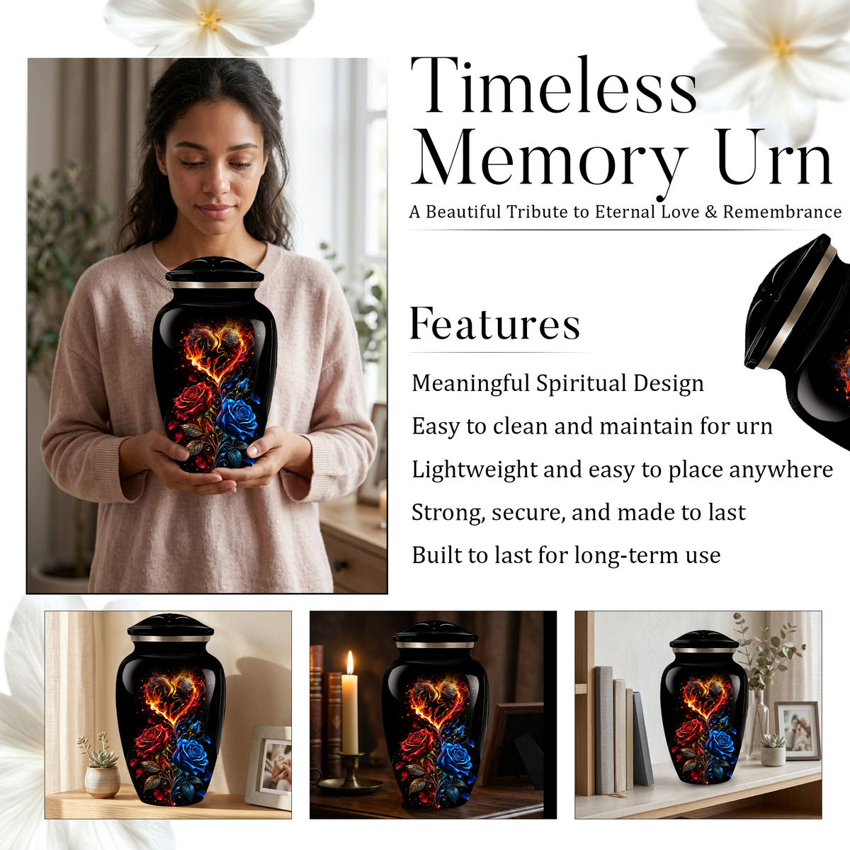 Red & Blue Rose Heart Cremation Urn for Ashes | Personalized Adult Memorial Urn