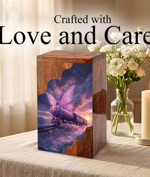 Butterfly Train Wooden Cremation Urn for Human Ashes