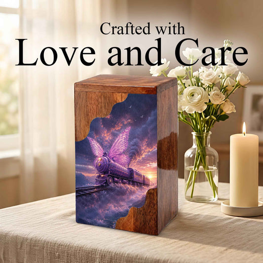 Butterfly Train Wooden Cremation Urn for Human Ashes