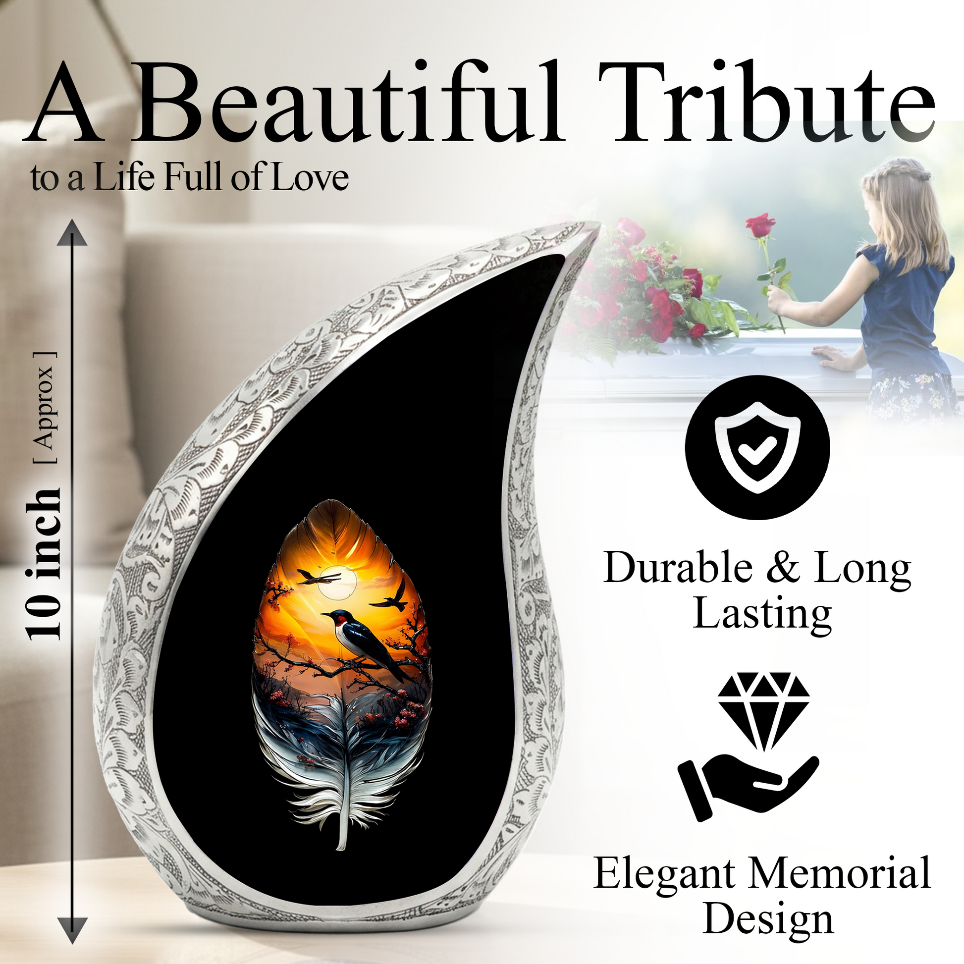 Feather Memorial Urn for Mom – Personalized Cremation Urn for Human Ashes | Beautiful Urns for Women