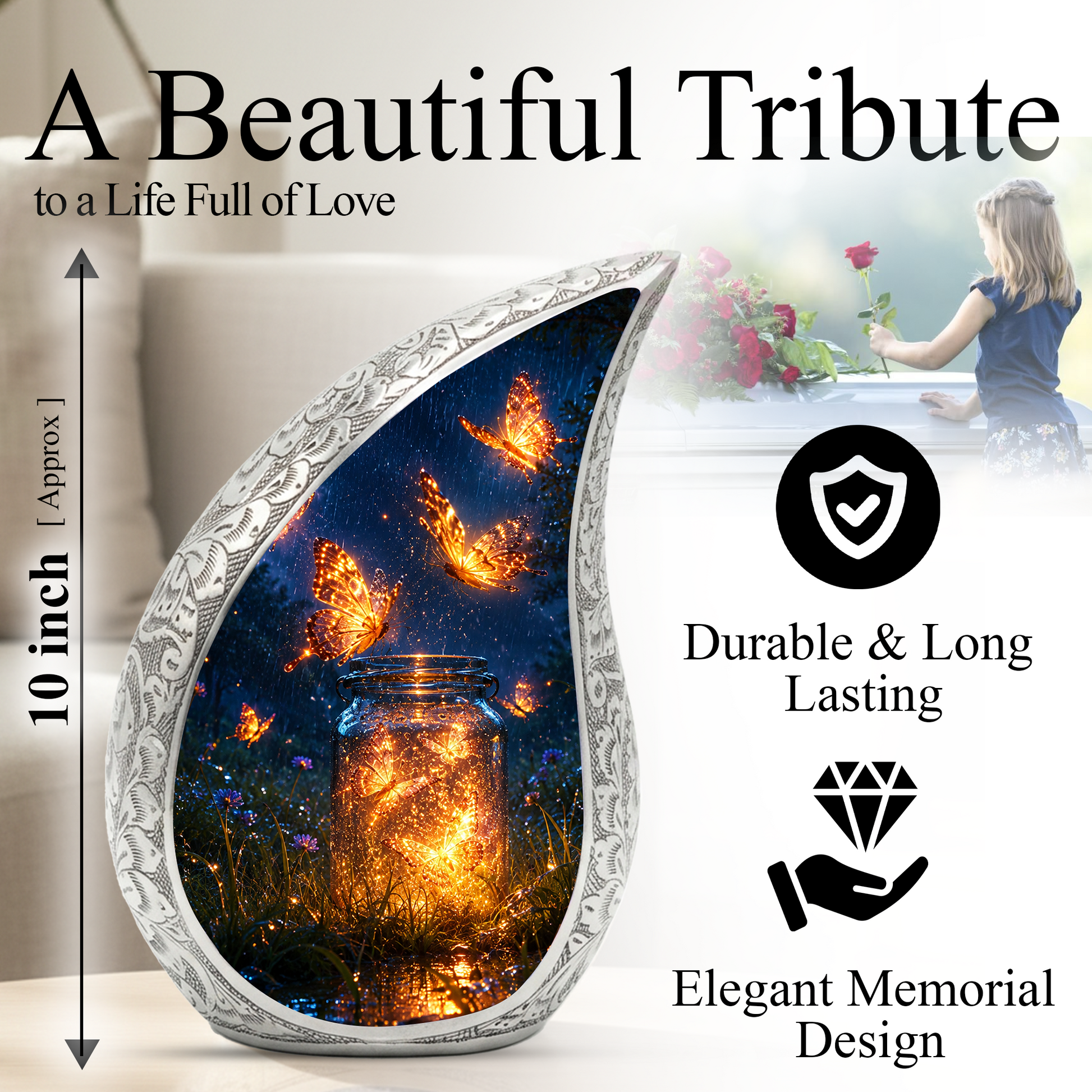 Butterfly Urn for Human Ashes |  Orange Butterfly Cremation Urn