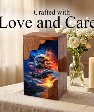 Military Eagle Wooden Cremation Urn for Human Ashes | Personalized Veteran Memorial Urn