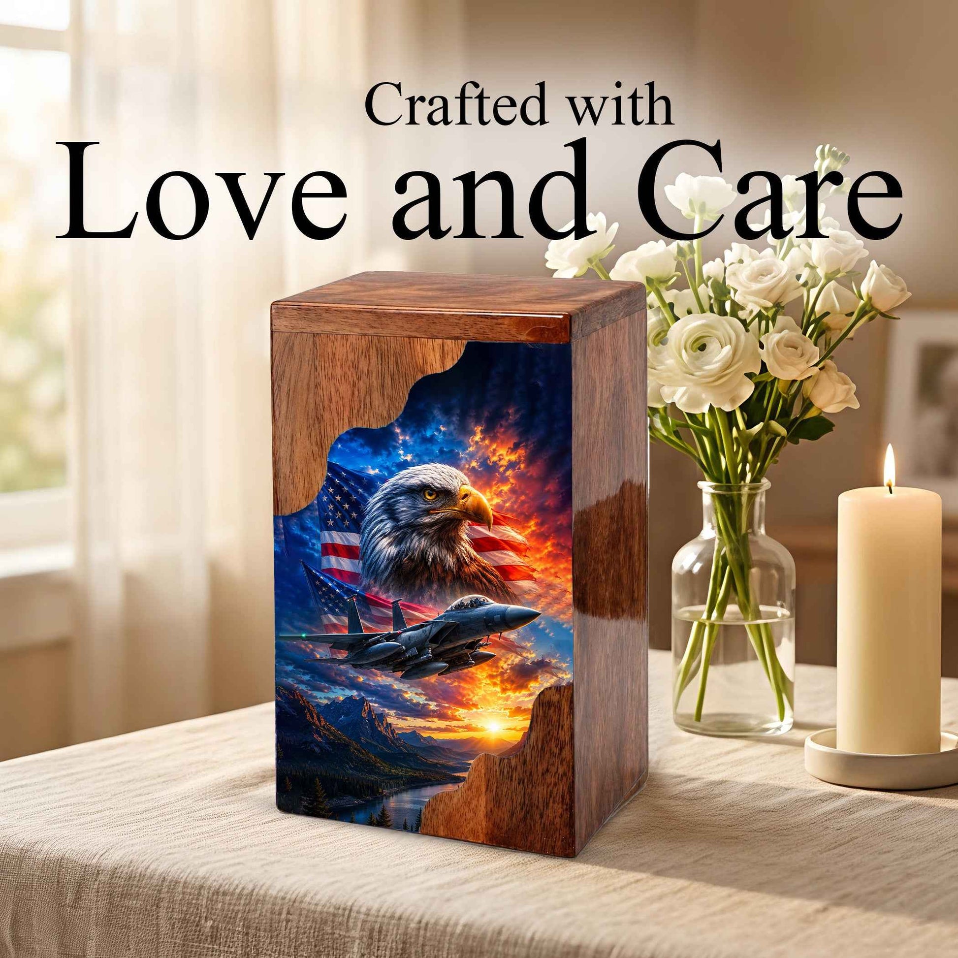 Military Eagle Wooden Cremation Urn for Human Ashes | Personalized Veteran Memorial Urn