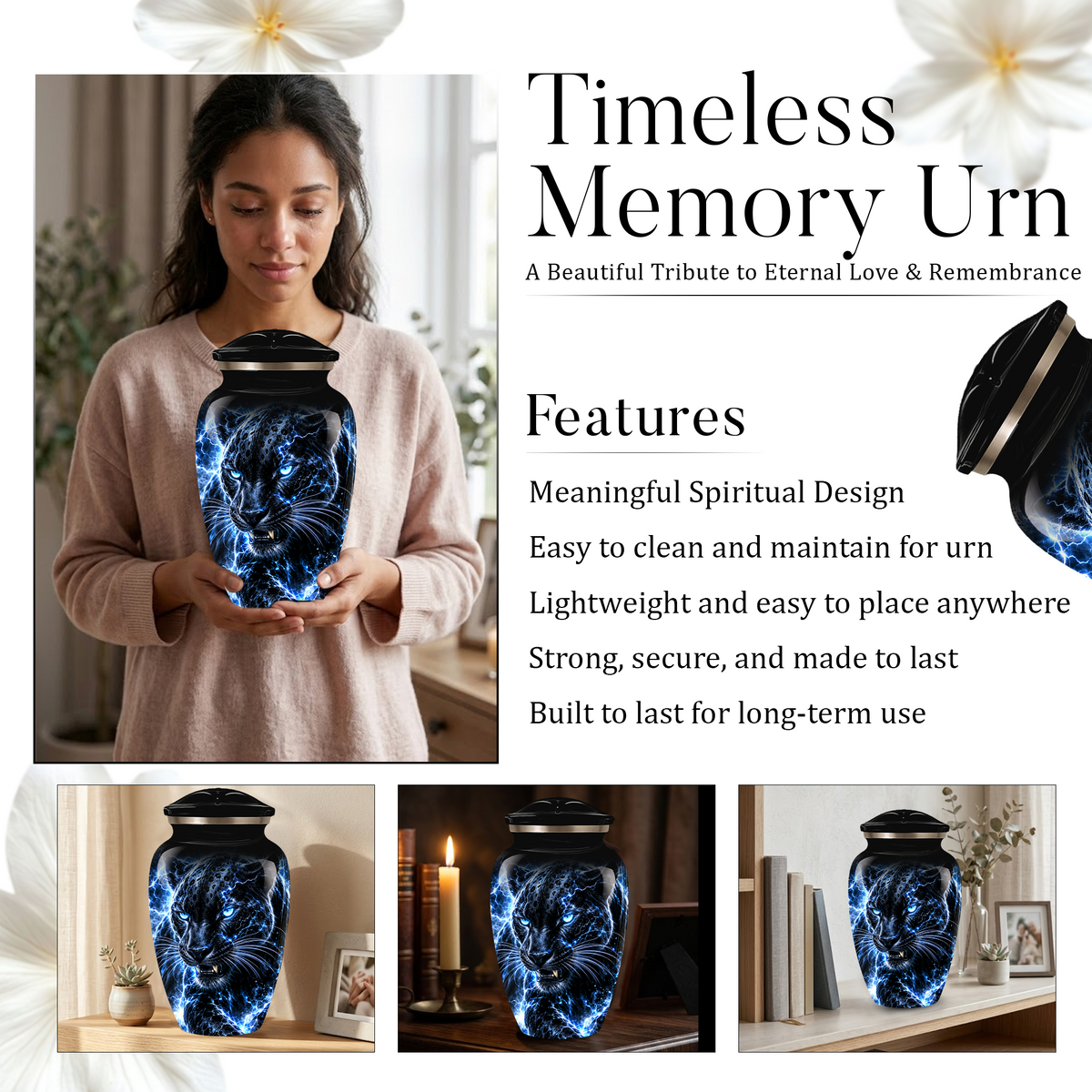 Personalized Adult Cremation Urn for Ashes, Custom Black Panther Memorial Urn, Blue Lightning Fantasy Animal Artwork