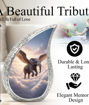 Heavenly Elephant Personalized Cremation Urn – Teardrop Memorial Urn for Ashes | 10 Inch Aluminum Adult Urn