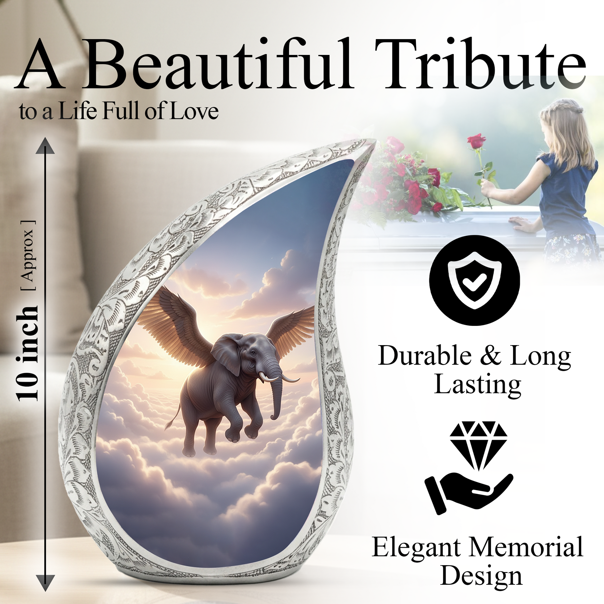 Heavenly Elephant Personalized Cremation Urn – Teardrop Memorial Urn for Ashes | 10 Inch Aluminum Adult Urn