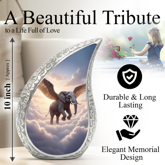 Heavenly Elephant Personalized Cremation Urn – Teardrop Memorial Urn for Ashes | 10 Inch Aluminum Adult Urn