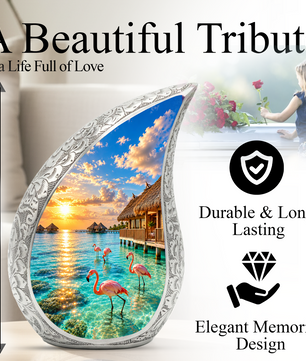 Flamingo Cremation Urn for Ashes, Tropical Beach Sunset Adult Memorial Urn