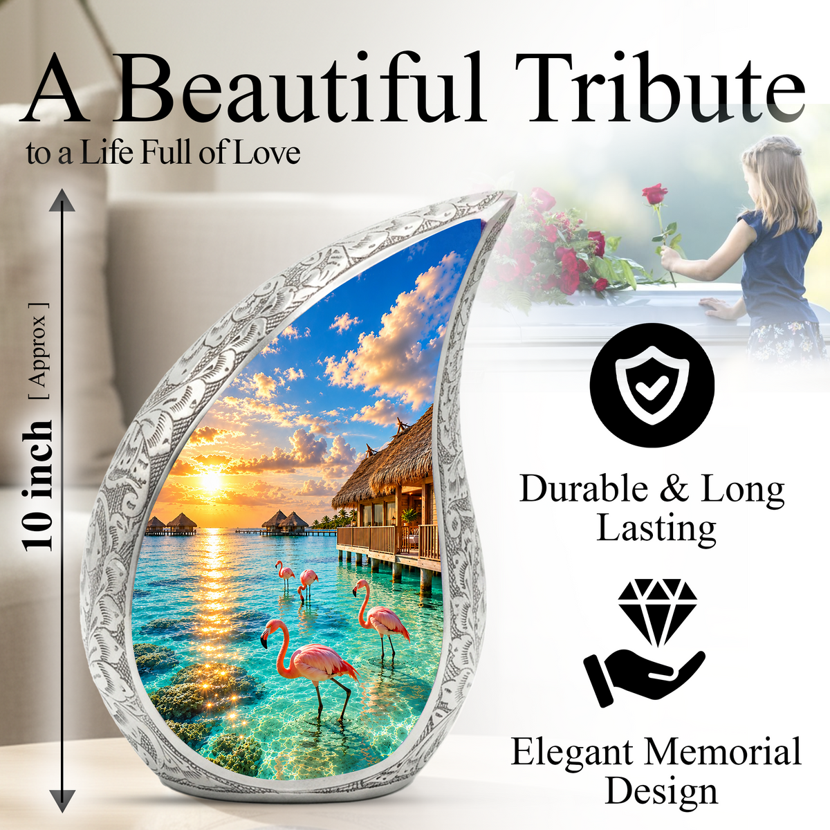Flamingo Cremation Urn for Ashes, Tropical Beach Sunset Adult Memorial Urn