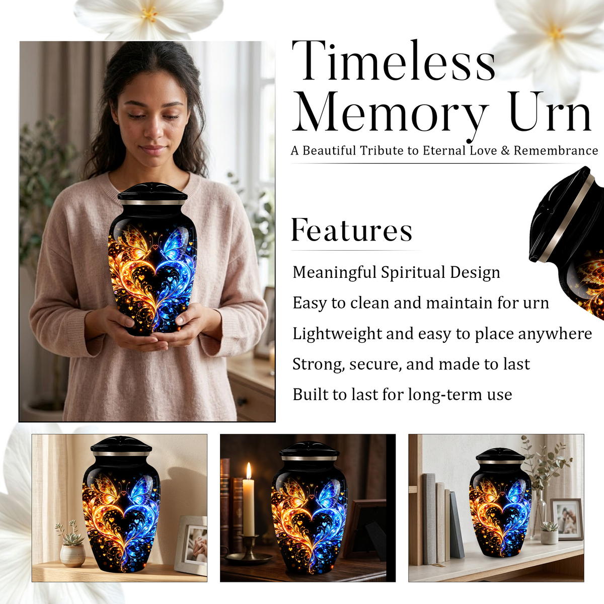 Butterfly Cremation Urn for Adult Ashes, Blue and Gold Butterflies Memorial Urn