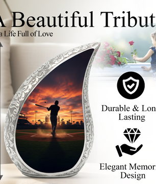 Baseball Player Memorial Urn | Personalized Cremation Urn for Dad | Sunset Baseball Memorial for Ashes