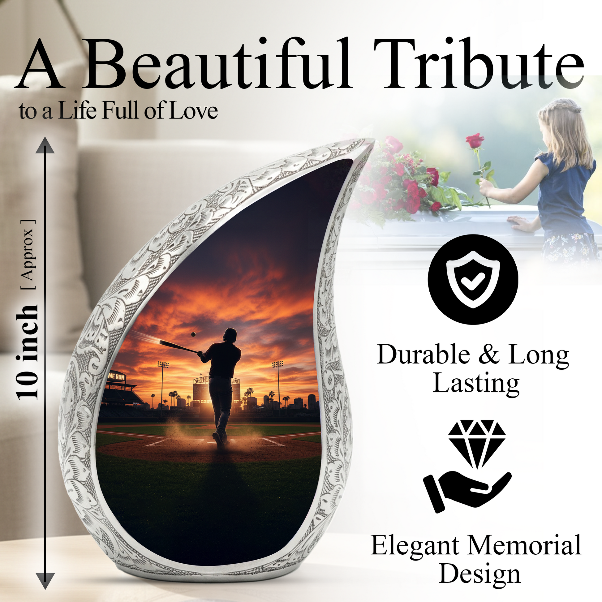 Baseball Player Memorial Urn | Personalized Cremation Urn for Dad | Sunset Baseball Memorial for Ashes