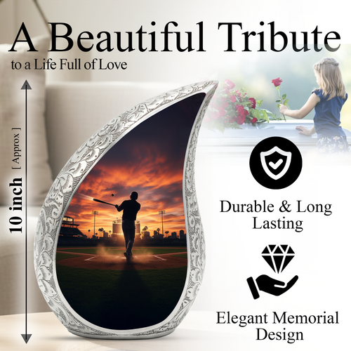 Baseball Player Memorial Urn | Personalized Cremation Urn for Dad | Sunset Baseball Memorial for Ashes