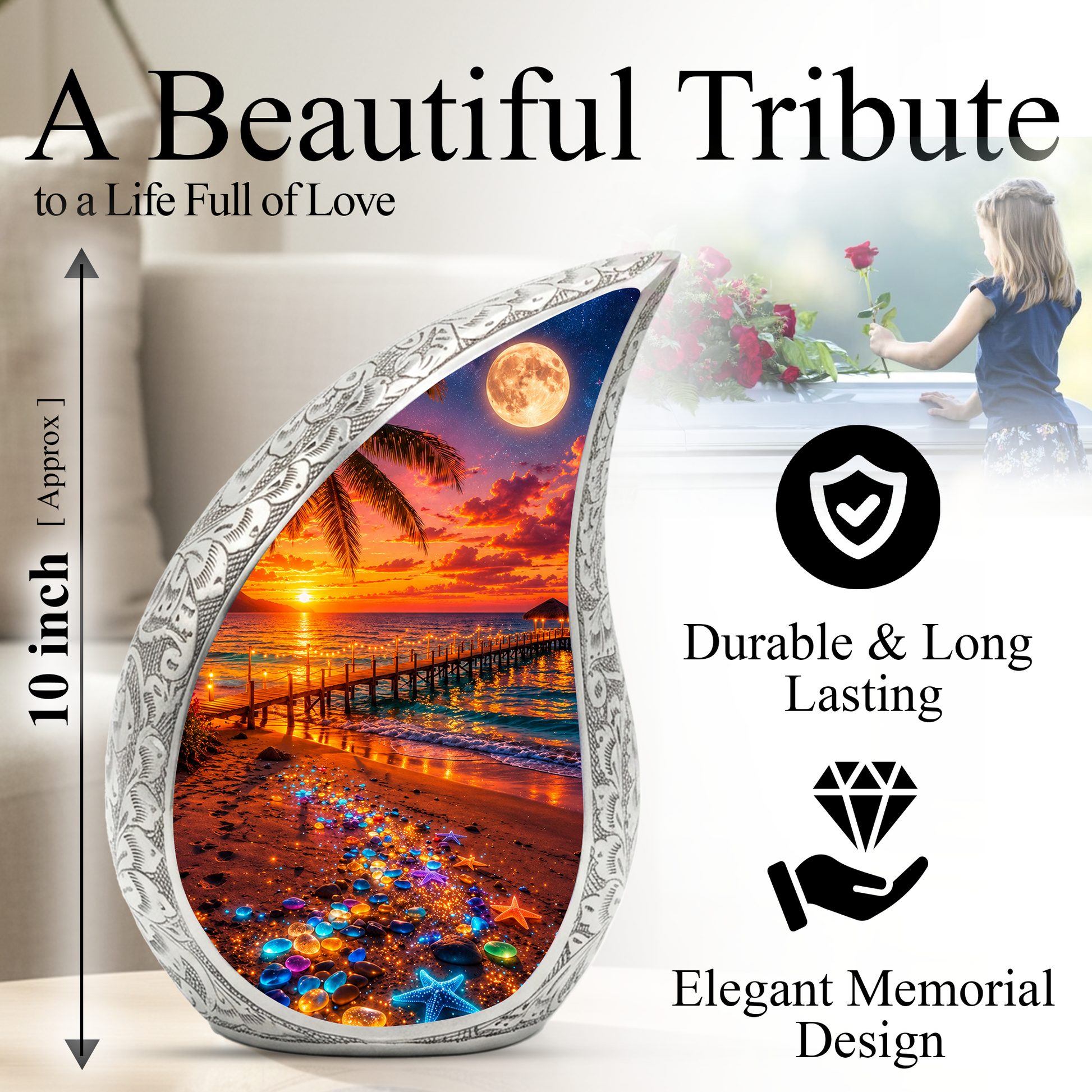 Moonlit Beach Memorial Urn for Mom – Personalized Cremation Funeral Urn for Human Ashes | Keepsake Urn for Women