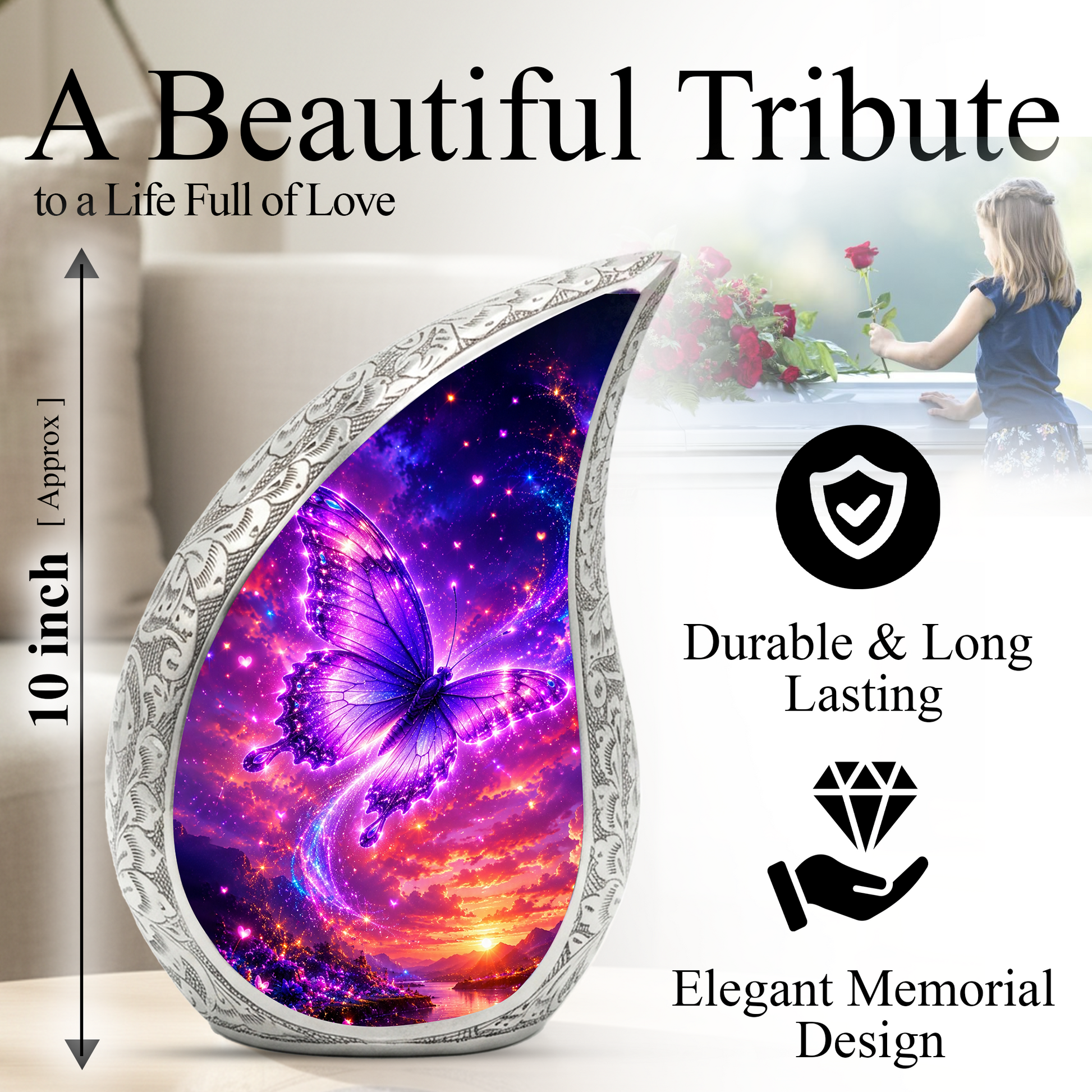 Purple Butterfly Sunset Urn for Human Ashes | Beautiful Butterfly Cremation Urn