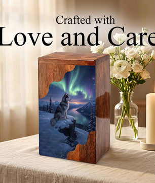 Wolf Wooden Cremation Urn – Northern Lights Memorial Urn | Custom Wooden Urn for Human Ashes