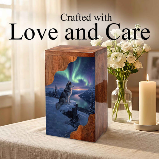 Wolf Wooden Cremation Urn – Northern Lights Memorial Urn | Custom Wooden Urn for Human Ashes
