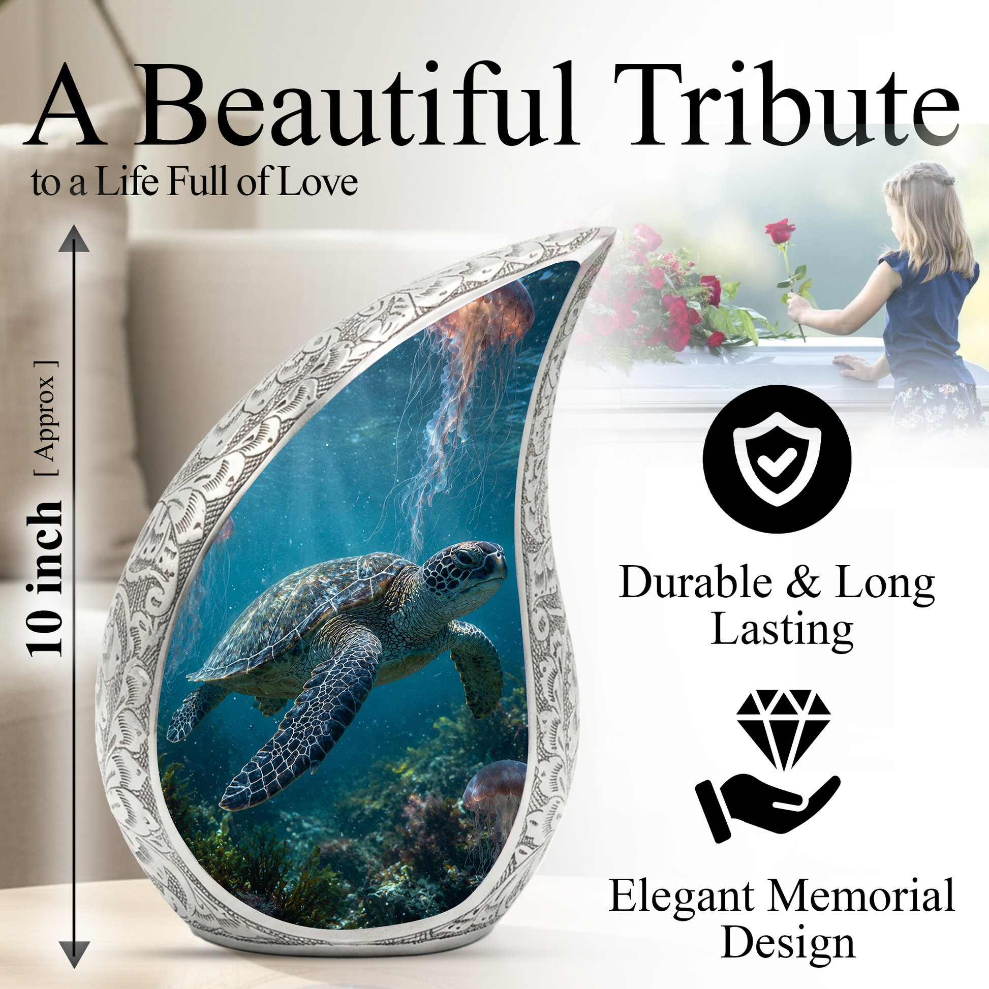 Sea Turtle Urn for Human Ashes | Beach & Ocean Wooden Cremation Urn | Beautiful Sea Turtle Memorial Urn for Mom