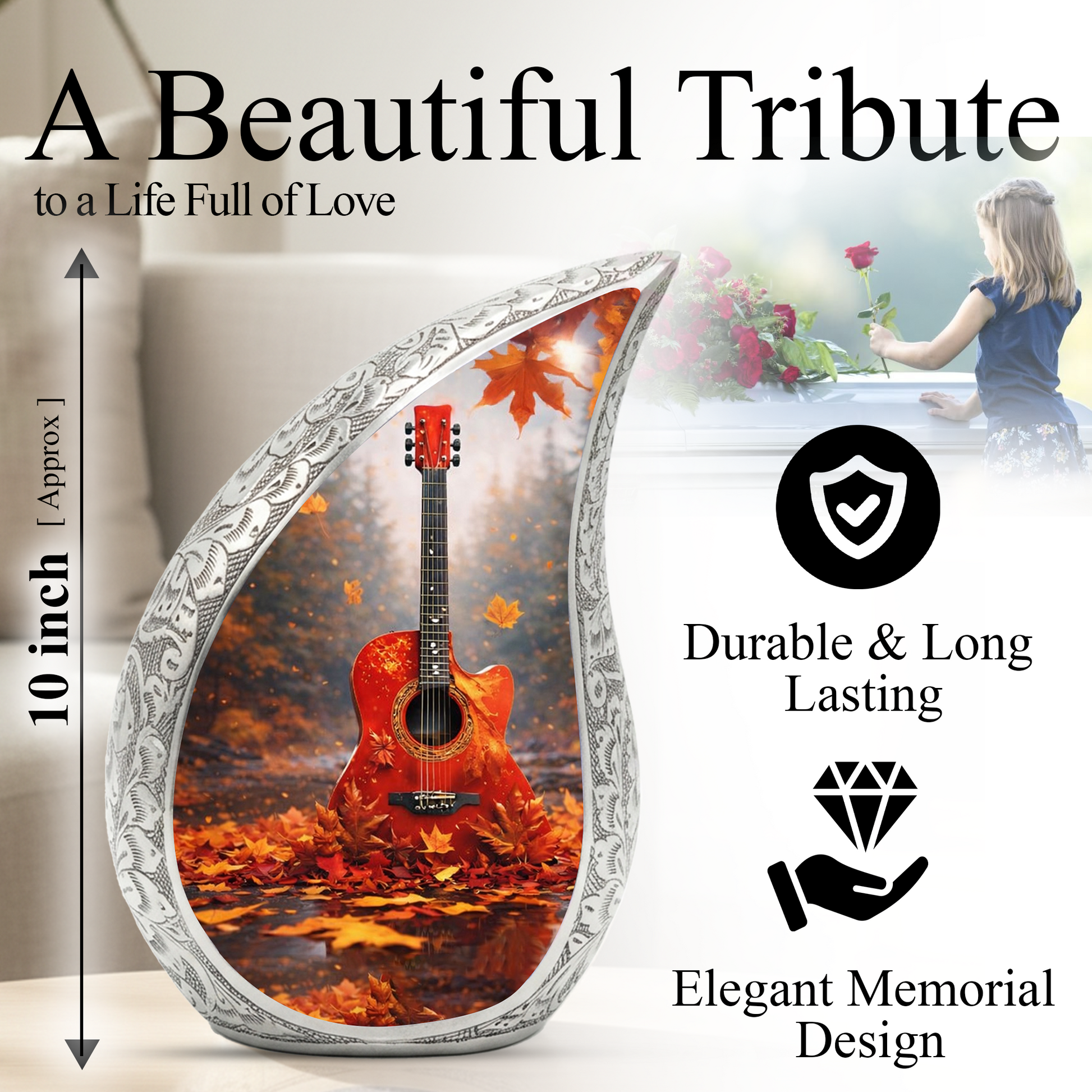 Personalized Guitar Cremation Urn – Custom Music Memorial Urn for Ashes, Teardrop Aluminum Urn, 10 Inch