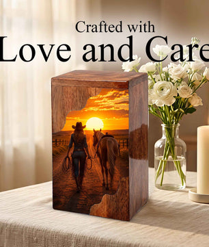 Western Wooden Cremation Urn – Cowboy Memorial Urn for Ashes | Sunset Horse Memorial Urn