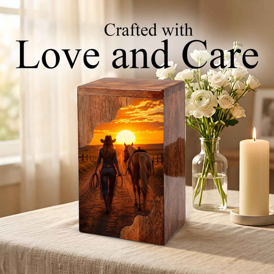 Western Wooden Cremation Urn – Cowboy Memorial Urn for Ashes | Sunset Horse Memorial Urn