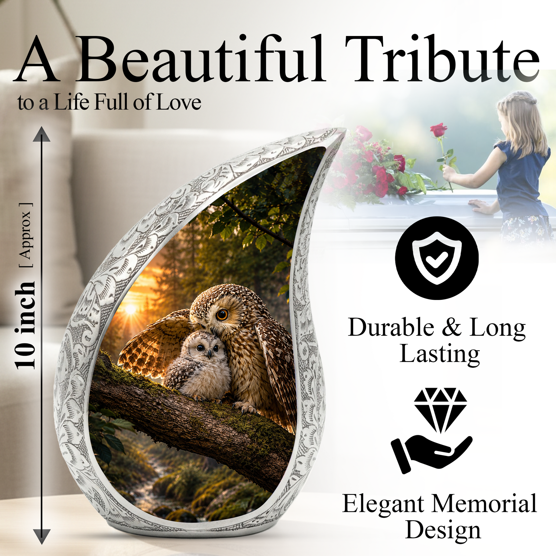 Owl Sunset Urn for Human Ashes | Beautiful Owl Adult Cremation Urn | Wildlife Sunset Memorial Urn