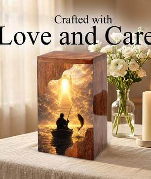 Fishing in Heaven Wooden Cremation Urn – Personalized Memorial Urn for Human Ashes